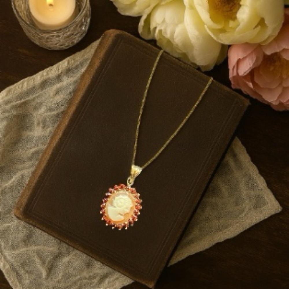 Vintage 10k Gold Garnet Halo Shell Cameo Pendant—Edwardian Revival Heirloom